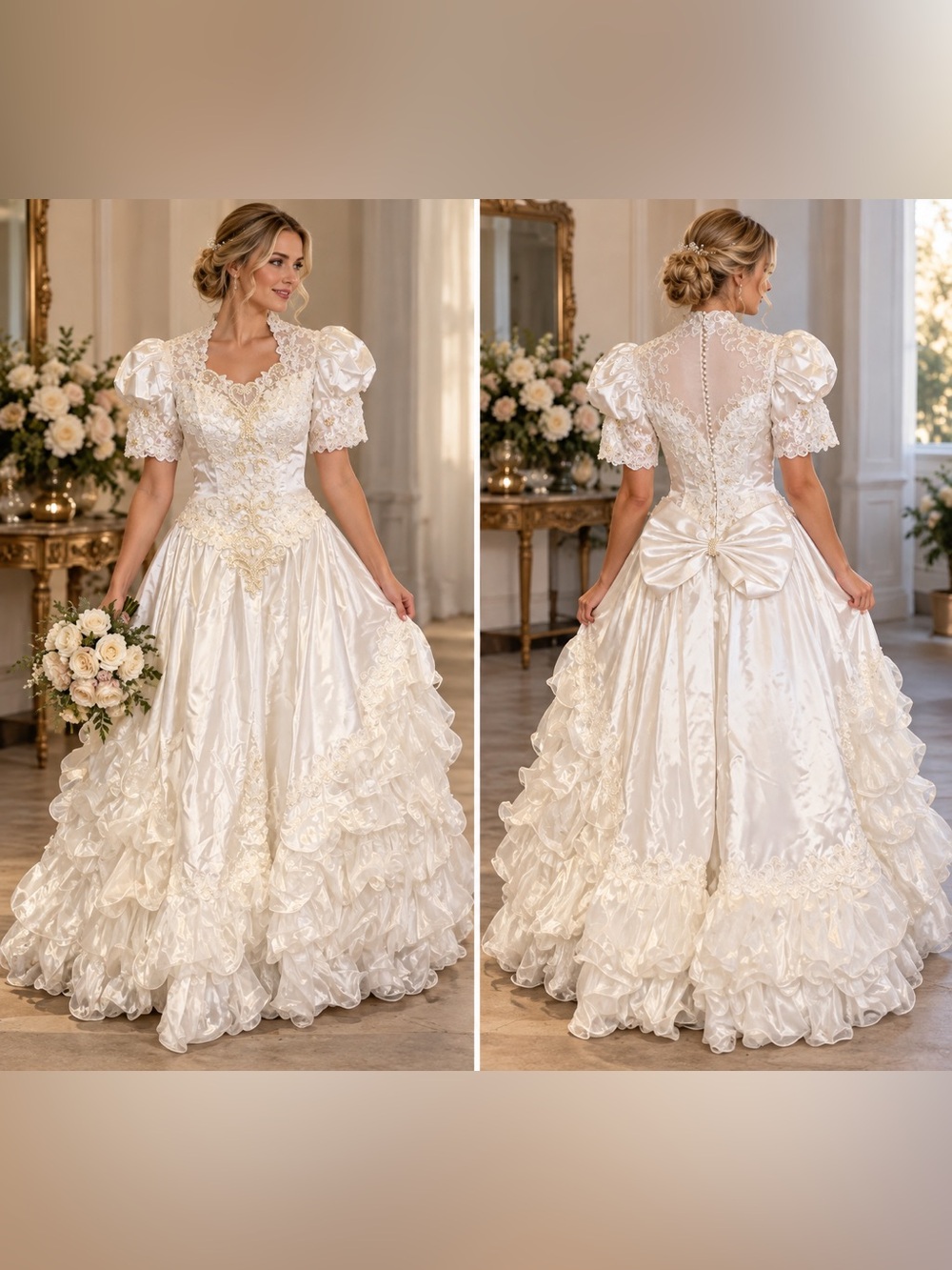 Vintage “J11” Mary’s Bridal Wedding Gown Beaded Puff Sleeve Bow Princess Dress